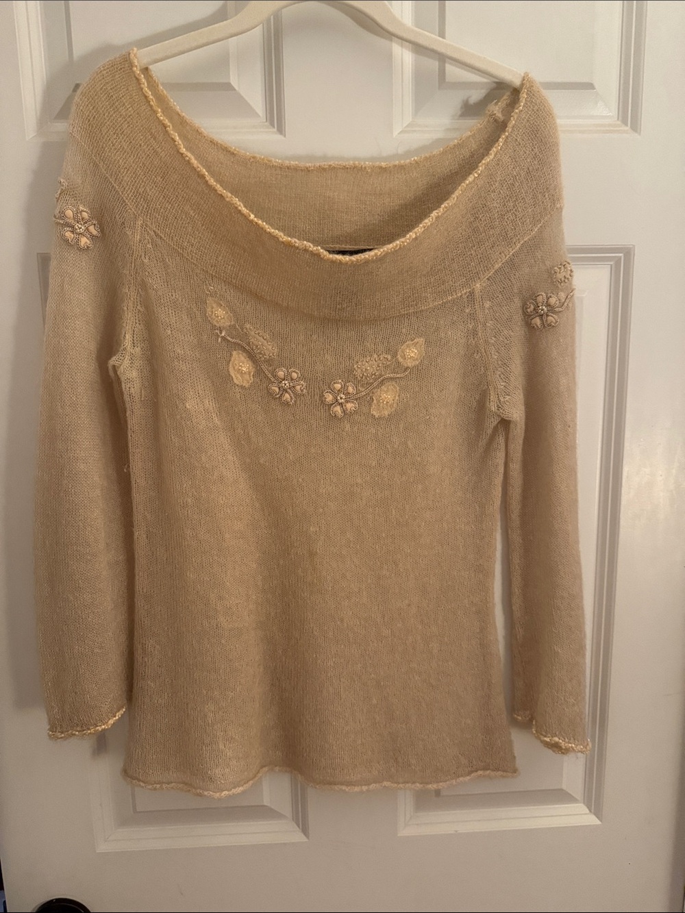 Arden B Cream Off-the-Shoulder Floral Knit Sweater